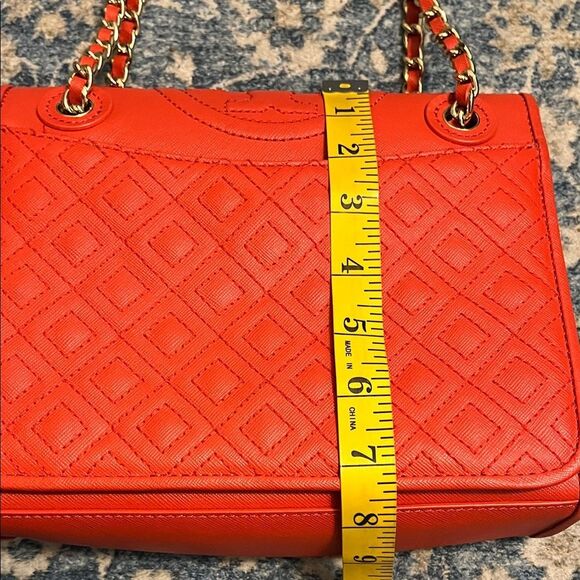 Tory Burch Fleming Quilted Leather Chain Red Orange Shoulder Purse Bag Boho - Picture 14 of 16
